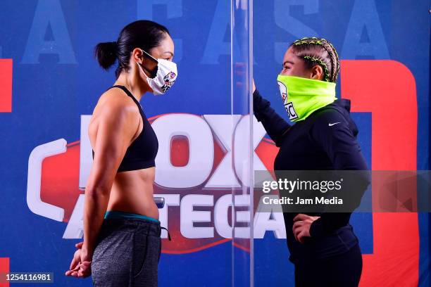 Jackie Nava poses with Estrella Valverde during the weigh-in ceremony ahead of an unofficial fight At TV Azteca on July 3, 2020 in Mexico City,...