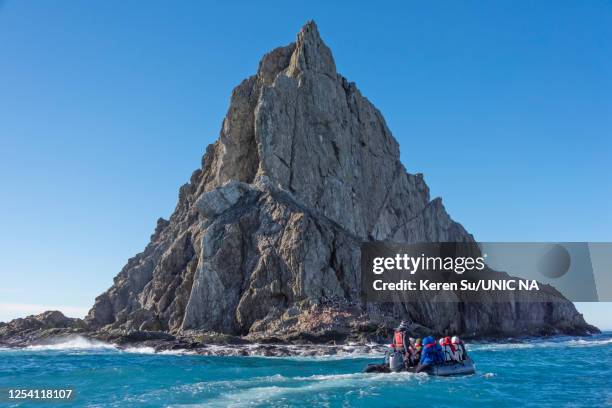 zodiac approaching point wild, elephant island, antarctica - elephant island south shetland islands stock-fotos und bilder