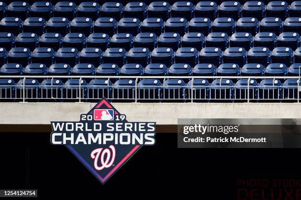 General view of empty seats with the 2019 Washington Natinoals World Series Champions logo during the Washington Nationals Summer Workouts at...