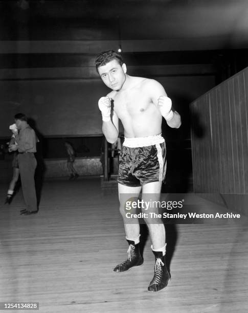 Bantamweight professional boxer George Small of England poses for a portrait on May 1, 1950 at Stillman's Gym in New York, New York.