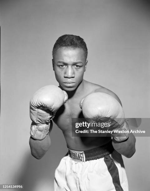 Bantamweight professional boxer Jackie Spurgeon of the United States poses for a portrait on January 4, 1957 in the Bronx, New York.