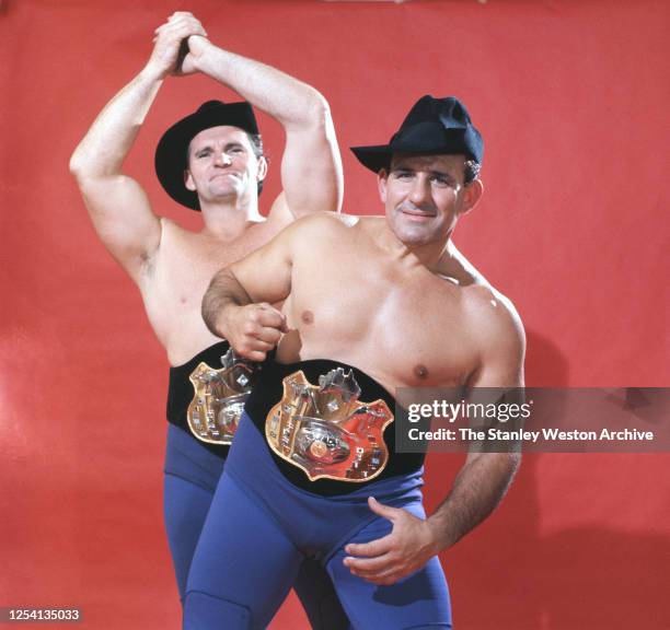 Professional wrestlers Australian Roy Heffernan and tag team partner Italian Australian Al Costello of the Fabulous Kangaroos pose for a portrait...