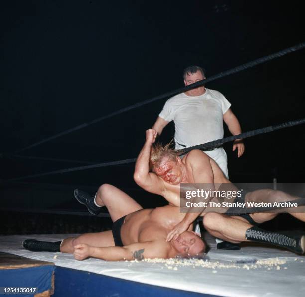 Professional American wrestler Johnny Valentine wrestles against American wrestler Bulldog Brower circa 1965 in Toronto, Ontario, Canada.
