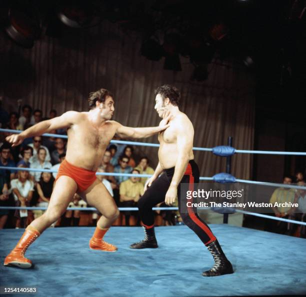 Professional wrestler Rocky Montero of the United States wrestles against Takachiho of Japan circa October, 1970 in Los Angeles, California.