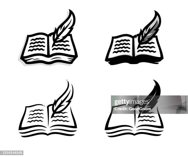 ilustrações de stock, clip art, desenhos animados e ícones de old open book and feather - books and book open nobody