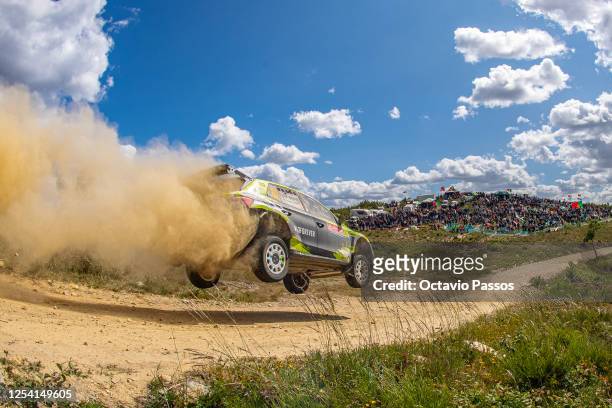 Oliver Solberg of Sweden and Elliott Edmondson of Great Britain compete in their Skoda Fabia RS during the SS6 Arganil on Day Two of the FIA World...