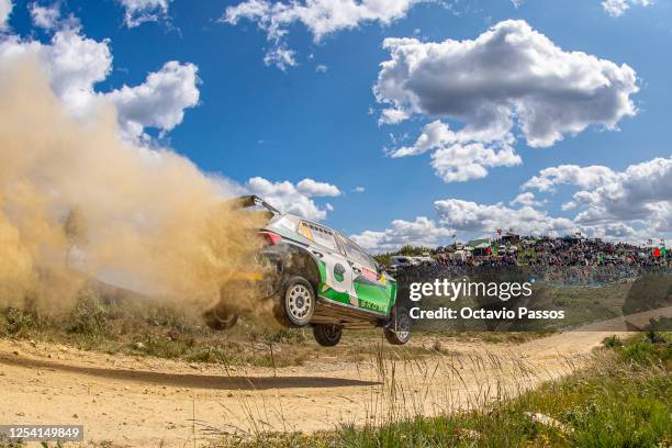 Gus Greensmith of Great Britain and Jonas Andersson of Sweden compete in their Skoda Fabia RS during the SS6 Arganil on Day Two of the FIA World...