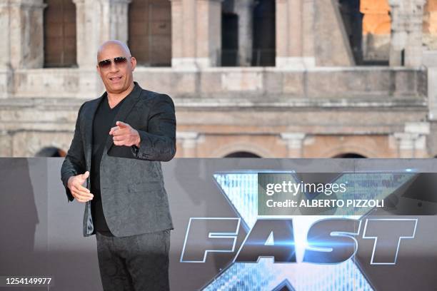 Actor Vin Diesel arrives for the Premiere of the film "Fast X", the tenth film in the Fast & Furious Saga, on May 12, 2023 at the Colosseum monument...