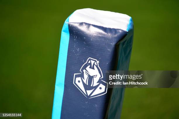 Titans logo is seen on a corner post before the start of the round eight NRL match between the Gold Coast Titans and the Cronulla Sharks at Cbus...