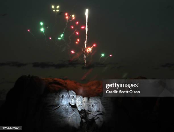 Fireworks light up the sky above Mount Rushmore National Monument on July 03, 2020 near Keystone, South Dakota. President Donald Trump spoke before...
