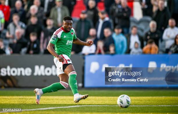 Louth , Ireland - 12 May 2023; Tunde Owolabi of Cork City scores his side's first goal during the SSE Airtricity Men's Premier Division match between...