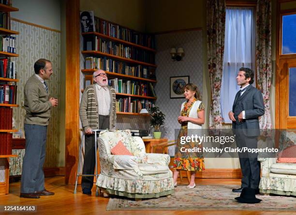 British actors Nicholas Burns, Barry McCarthy, Samantha Spiro and Elliot Levey performing as Kafka, Father, Linda and Brod respectively in a dress...