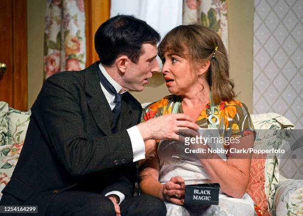 British actors Daniel Weyman and Samantha Spiro performing as Kafka and Linda respectively in a dress rehearsal for a production of Alan Bennett's...