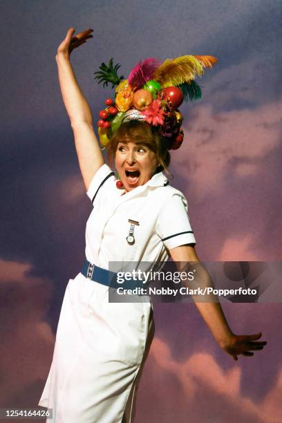 Welsh actress Samantha Spiro performing as Linda in a dress rehearsal for a production of Alan Bennett's "Kafka's Dick", directed by David Grindley...