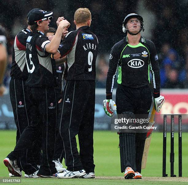 Jason Roy of Surrey leaves the field after being dismissed by Steve Kirby of Somerset during the Clydesdale Bank 40 Final between Surrey and Somerset...