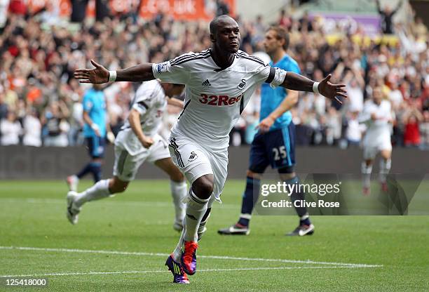 Leroy Lita of Swansea City celebrates his goal during the Premier League match between Swansea City and West Bromwich Albion at Liberty Stadium on...