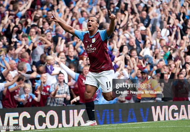 Gabriel Agbonlahor of Aston Villa celebrates his goal during the Barclays Premier League match between Aston Villa and Newcastle United at Villa Park...
