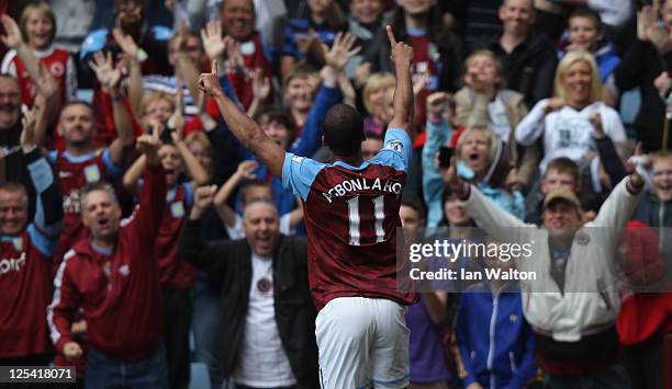 Gabriel Agbonlahor of Aston Villa celebrates scoring the first goal during the Barclays Premier League match between Aston Villa and Newcastle United...