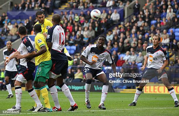 Bradley Johnson of Norwich City scores the second goal during the Barclays Premier League match between Bolton Wanderers and Norwich City at Reebok...