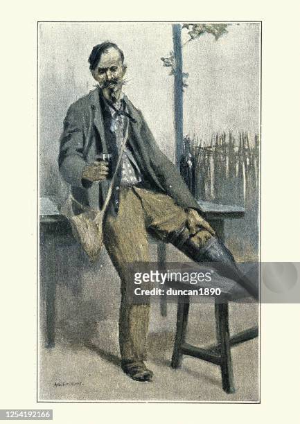 人工ペグ脚を持つ切断者の男、ビクトリア朝の19世紀 - 義肢点のイラスト素材／クリップアート素材／マンガ素材／アイコン素材