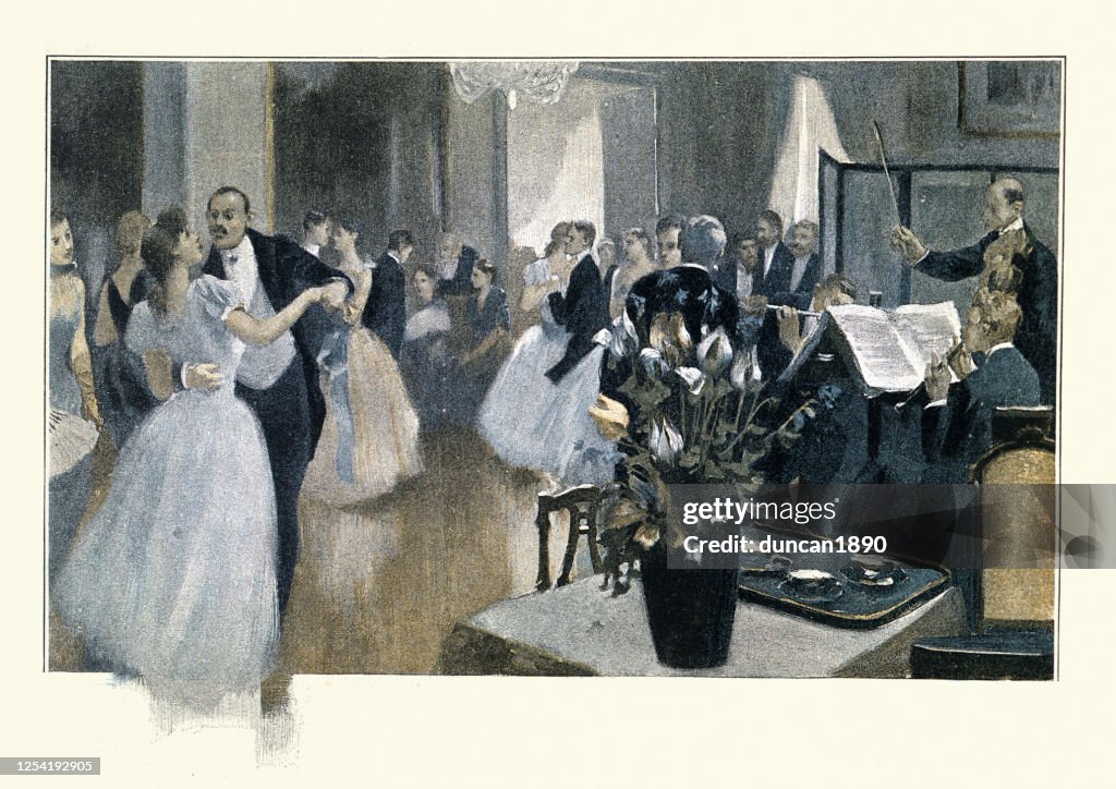 Parejas bailando en el baile de noche de la alta sociedad, siglo XIX, victoriano