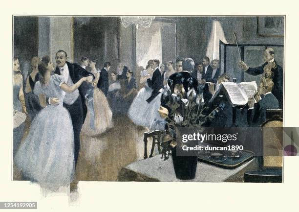 couples dancing at high society evening ball, 19th century, victorian - victorian ball gown stock illustrations