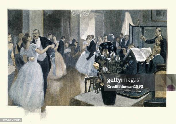 couples dancing at high society evening ball, 19th century, victorian - formal ball stock illustrations