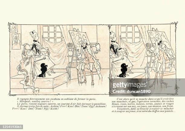 ilustraciones, imágenes clip art, dibujos animados e iconos de stock de dama aristocrática francesa que tiene retrato pintado, siglo xviii - woman blowing nose
