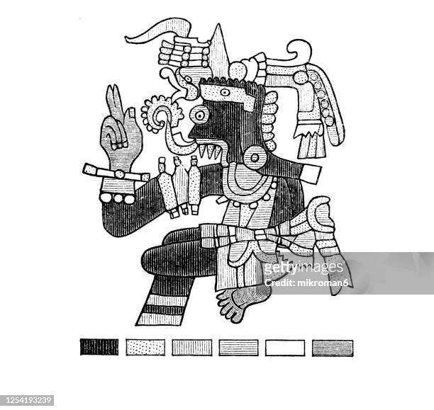 old engraved illustration of aztec god of weather tlaloc - arts culture and entertainment photos et images de collection