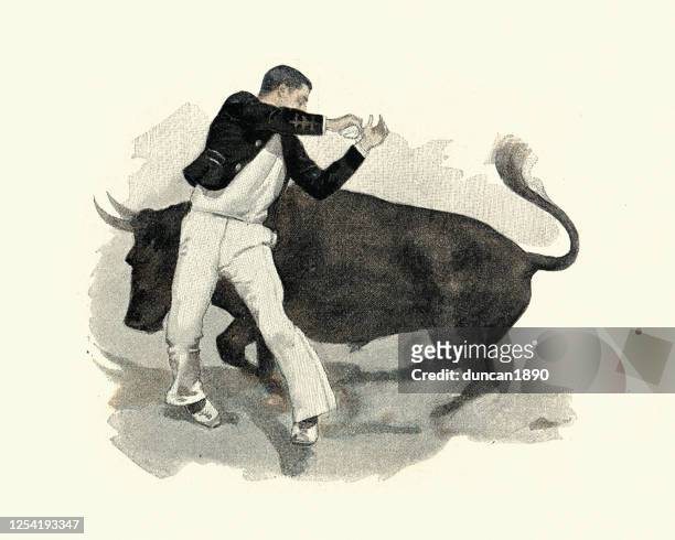 stockillustraties, clipart, cartoons en iconen met mens die een lopende stier ontwijkt, victoriaanse 19de eeuw - dodging