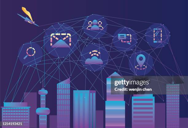 superman builds a network over the city - heroes stock illustrations