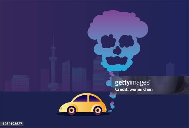 car exhaust and skeleton, urban pollution - smoking death stock illustrations
