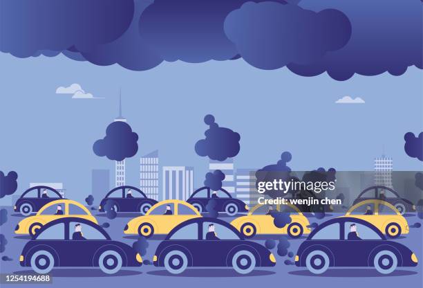 illustrazioni stock, clip art, cartoni animati e icone di tendenza di i gas di scarico delle automobili inquinano le città, risparmiando energia e riducendo le emissioni - smog