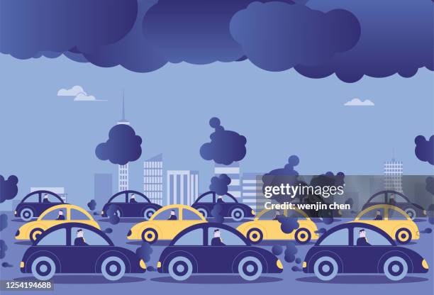 illustrazioni stock, clip art, cartoni animati e icone di tendenza di i gas di scarico delle automobili inquinano le città, risparmiando energia e riducendo le emissioni - pollution