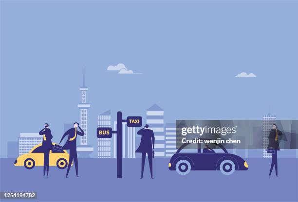 white-collar workers are waiting on the bus platform while calling - bus station stock illustrations