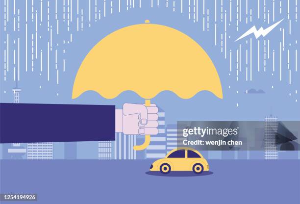 ilustrações, clipart, desenhos animados e ícones de guarda-chuvas para carros para cobrir tempestades, seguro de carro - rainy season