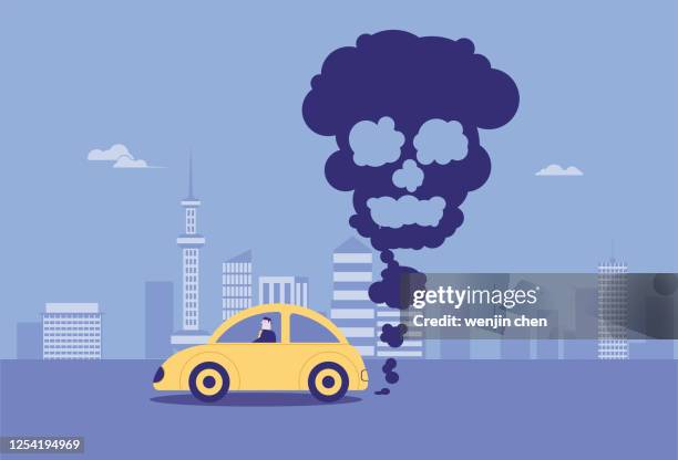 car exhaust and skeleton, urban pollution - car pollution stock illustrations