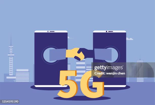 mobile office, 5g cooperation era - handshake blue background stock illustrations