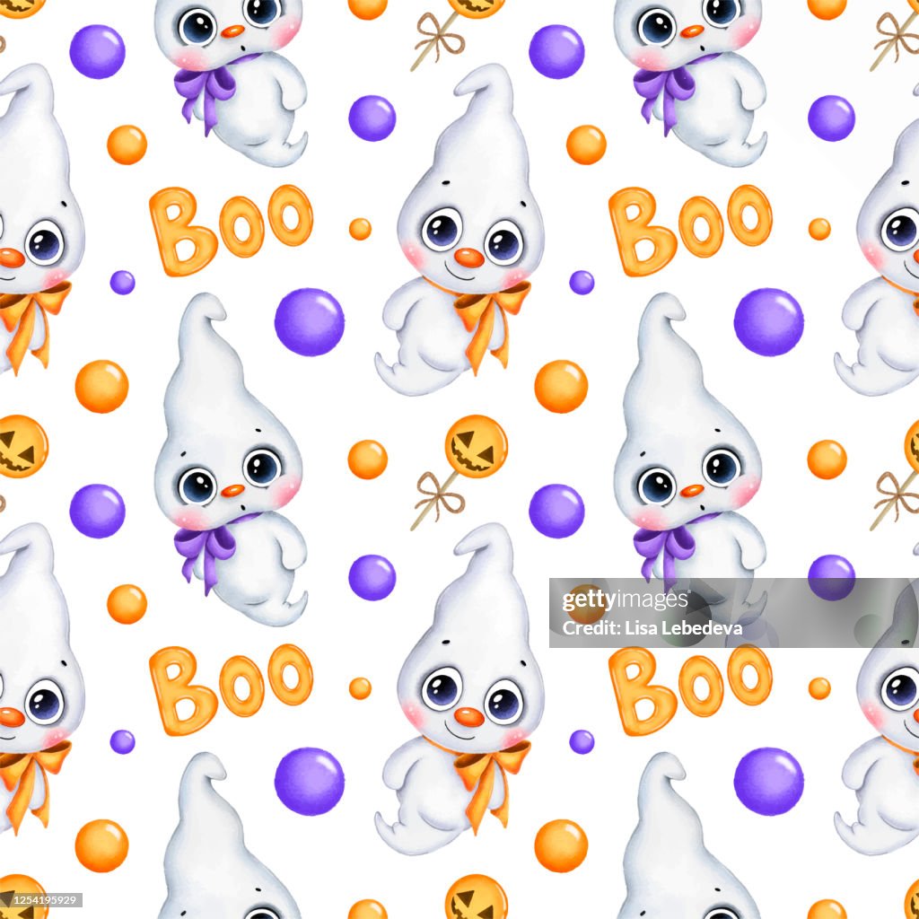 Cute Cartoon Magic Halloween Seamless Pattern Ghosts Pumpkin Candy Boo ...