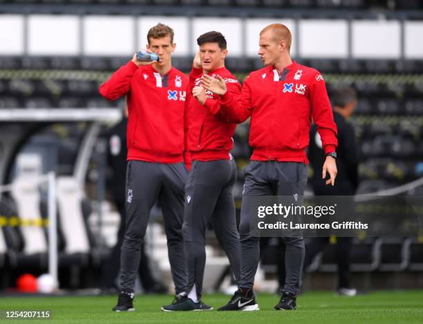 Joe Lolley in conversation with Ben Watson of Nottingham Forest on the pitch prior to the Sky Bet Championship match between Derby County and...