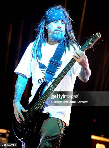 Reginald "Fieldy" Arvizu of Korn performs at Manchester Apollo on October 10, 2010 in Manchester, England.