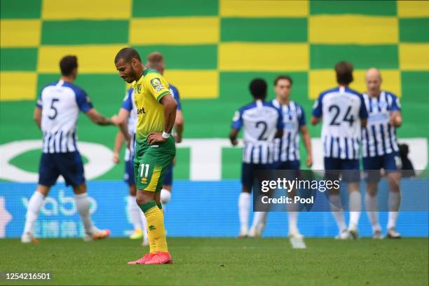 Onel Hernandez of Norwich City reacts to Brighton and Hove Albion scoring there first goal during the Premier League match between Norwich City and...