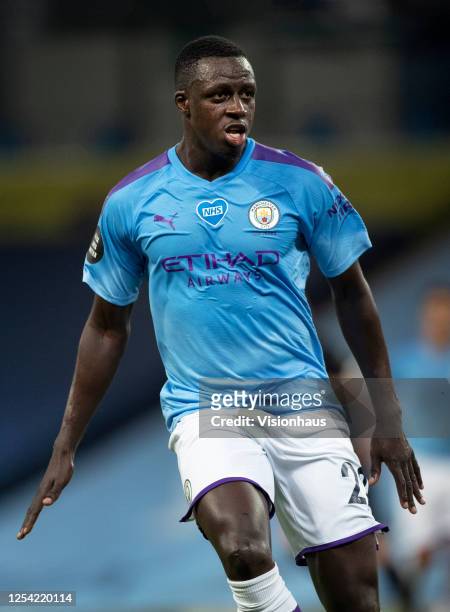 Benjamin Mendy of Manchester City in action during the Premier League match between Manchester City and Liverpool FC at Etihad Stadium on July 2,...