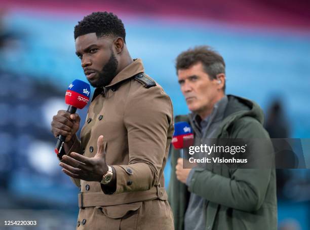 Sky TV presenters Micah Richards and Roy Keane before the Premier League match between Manchester City and Liverpool FC at Etihad Stadium on July 2,...