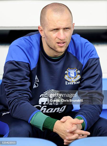Jan Mucha of Everton looks on from the bench prior to the Barclays Premier League match between Everton and Wigan Athletic at Goodison Park on...