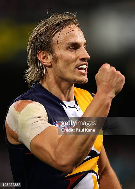 Mark Nicoski of the Eagles celebrates a goal during the AFL First Semi Final match between the West Coast Eagles and the Carlton Blues at Patersons...