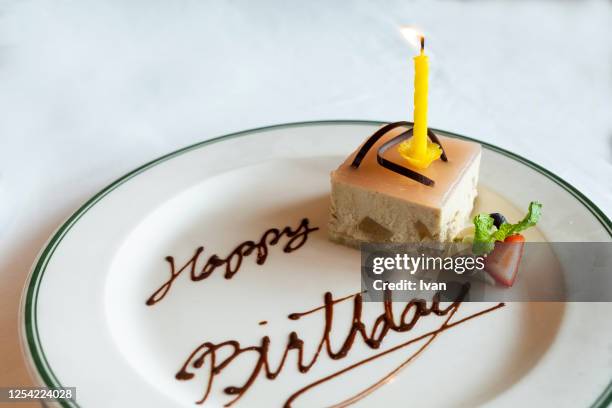 small birthday cake with candles, single cake, dessert - 1st birthday cake stock pictures, royalty-free photos & images