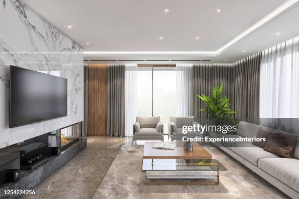 luxury living room interior - wide angle house stock pictures, royalty-free photos & images
