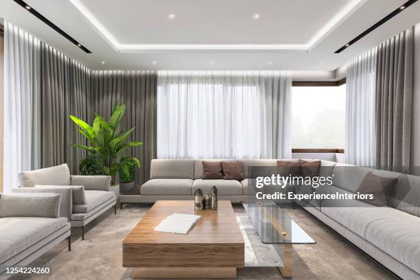 modern luxury villa living room interior - curtain imagens e fotografias de stock