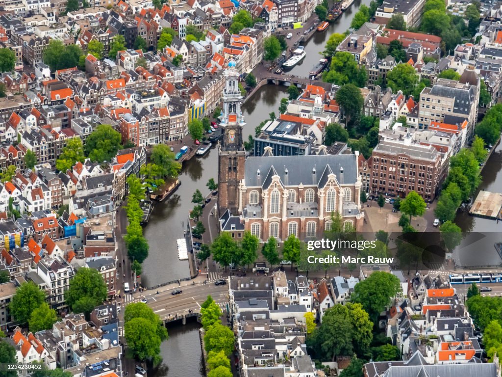 Aerial photo of the Westerkerk (Western Church) and the Prinsengracht in Amsterdam, The Netherlands.